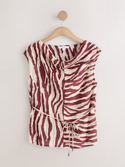 Brown/Ecru Zebra Print Tie Front Short Sleeve V-Neck Top - Image 6 of 9