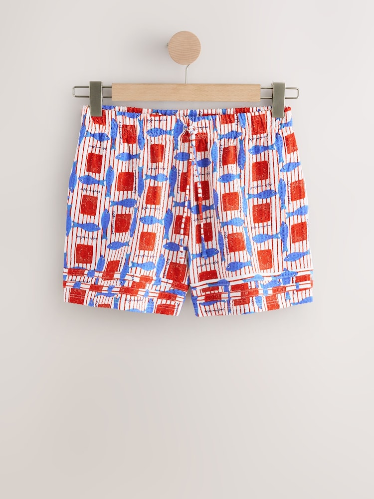 Red/Blue Fish Print Tie Waist Shorts - Image 1 of 3
