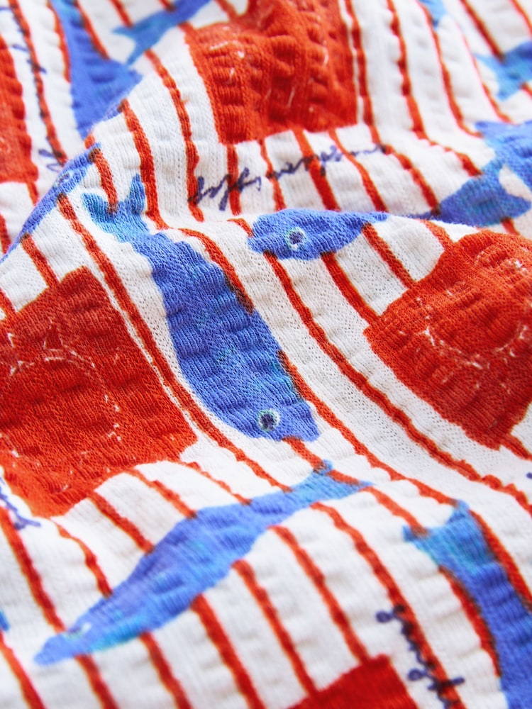 Red/Blue Fish Print Tie Waist Shorts - Image 2 of 3