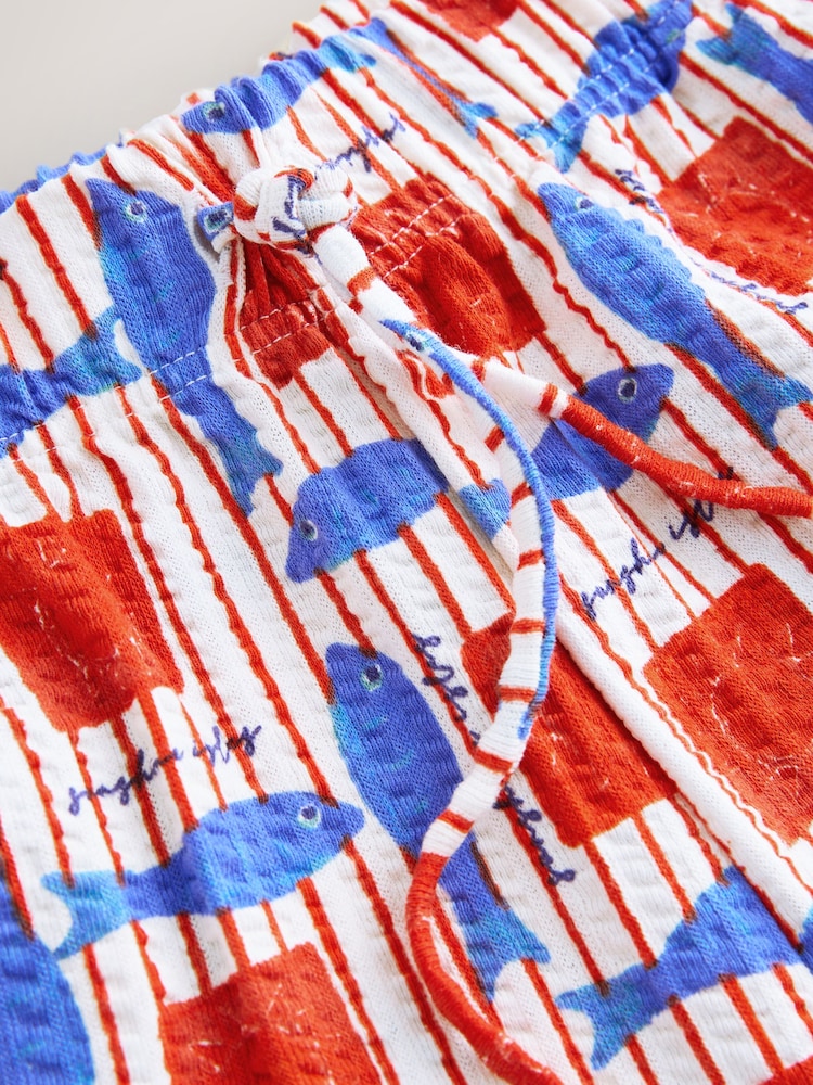 Red/Blue Fish Print Tie Waist Shorts - Image 3 of 3