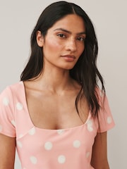 Pink/White Spot Square Neck Short Sleeve Top - Image 1 of 6