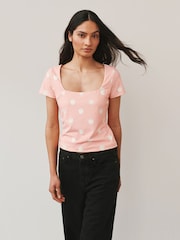 Pink/White Spot Square Neck Short Sleeve Top - Image 2 of 6