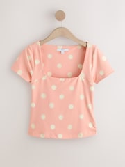 Pink/White Spot Square Neck Short Sleeve Top - Image 4 of 6