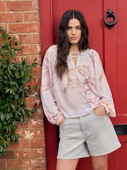 National Trust Pink Shell Print Long Sleeve Notch Neck Top - Image 1 of 8