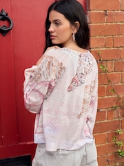 National Trust Pink Shell Print Long Sleeve Notch Neck Top - Image 3 of 8