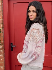 National Trust Pink Shell Print Long Sleeve Notch Neck Top - Image 4 of 8