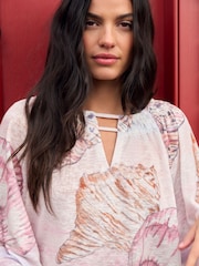 National Trust Pink Shell Print Long Sleeve Notch Neck Top - Image 5 of 8