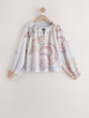 National Trust Pink Shell Print Long Sleeve Notch Neck Top - Image 6 of 8