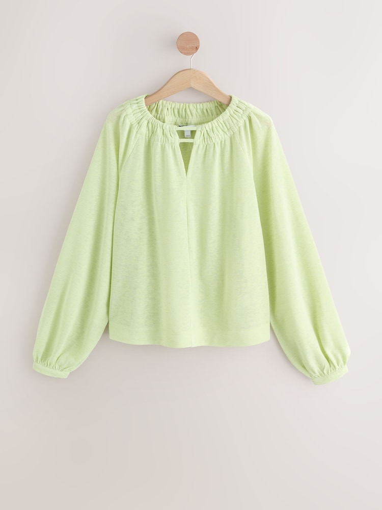Sage Green Long Sleeve Notch Neck Top - Image 1 of 4