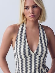 Black/Ecru Stripe Knitlook Sleeveless Halter Neck Top - Image 1 of 8