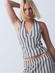 Black/Ecru Stripe Knitlook Sleeveless Halter Neck Top - Image 3 of 8