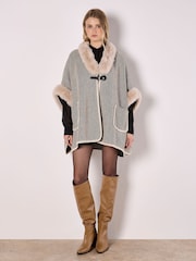 Apricot Natural Fur Trim Side Slit Two Pocket Cape - Image 1 of 5