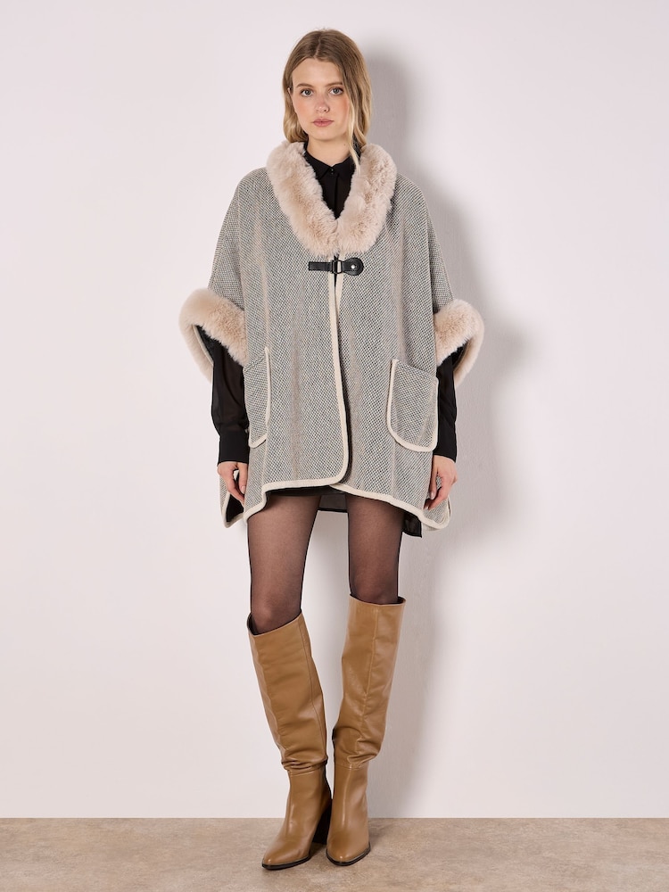 Apricot Natural Fur Trim Side Slit Two Pocket Cape - Image 1 of 5 Apricot Natural Fur Trim Side Slit Two Pocket Cape - Image 1 of 5