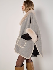 Apricot Natural Fur Trim Side Slit Two Pocket Cape - Image 3 of 5
