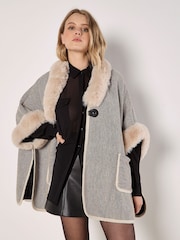 Apricot Natural Fur Trim Side Slit Two Pocket Cape - Image 4 of 5