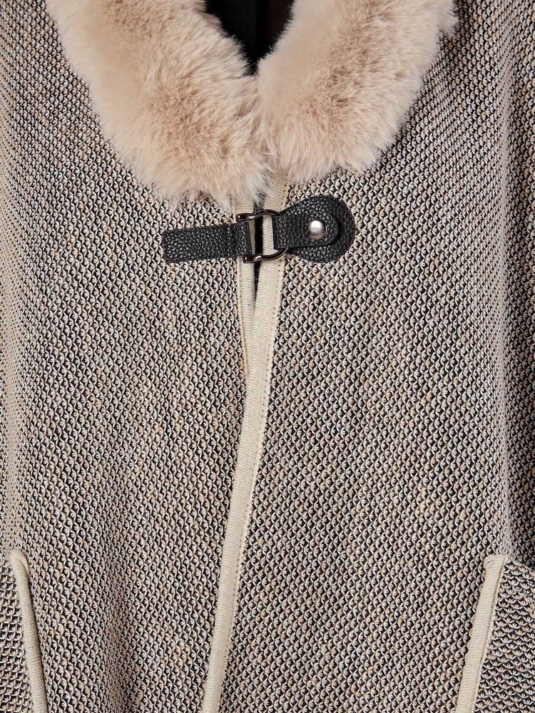 Apricot Natural Fur Trim Side Slit Two Pocket Cape - Image 5 of 5