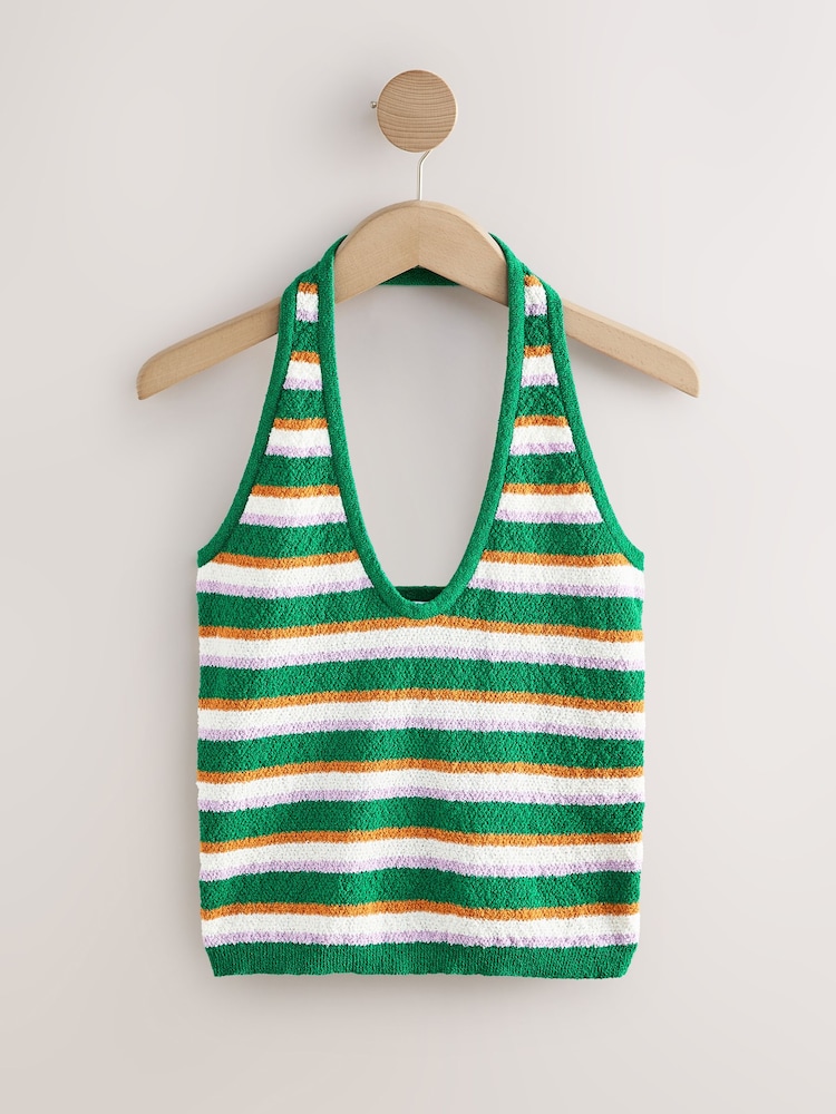 Green Stripe Knitlook Sleeveless Halter Neck Top - Image 1 of 3