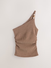 Brown One Shoulder Textured Beaded Top - Image 6 of 8