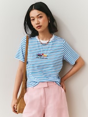 Blue/White Stripe Embellished Sardine Short Sleeve Crew Neck T-Shirt - Image 1 of 7