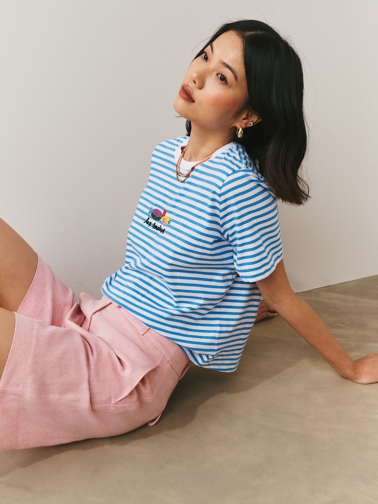 Blue/White Stripe Embellished Sardine Short Sleeve Crew Neck T-Shirt - Image 2 of 7