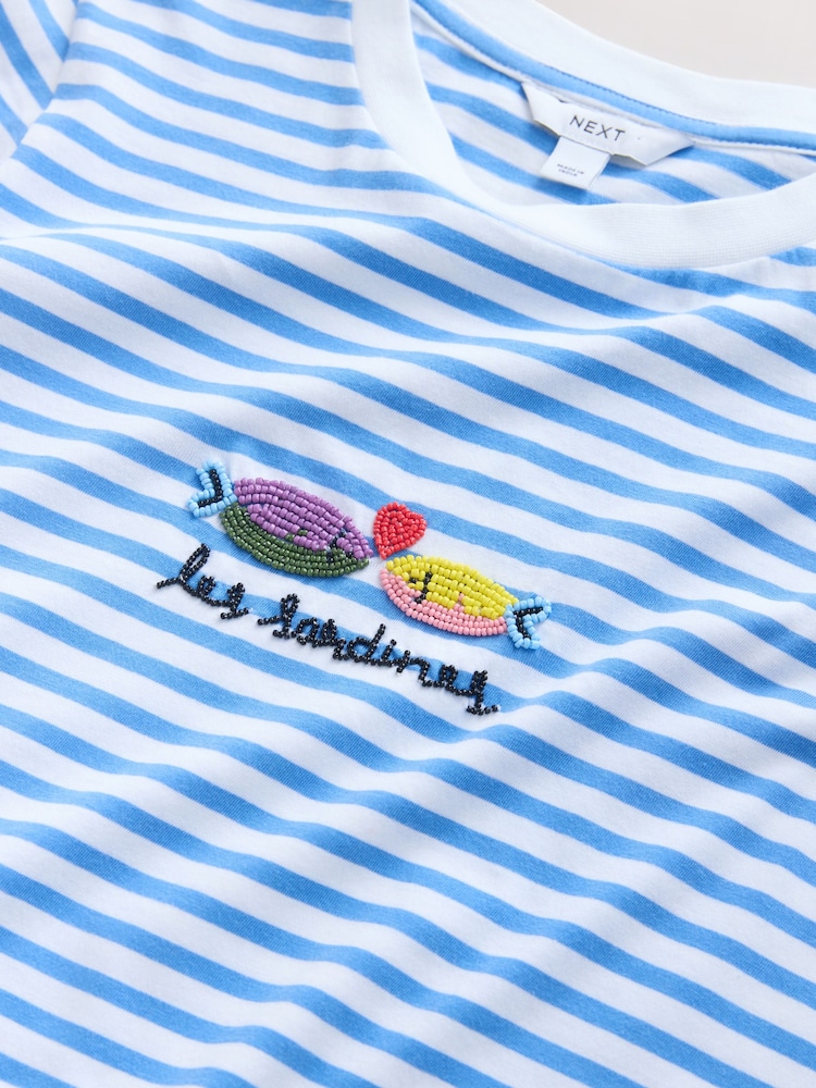 Blue/White Stripe Embellished Sardine Short Sleeve Crew Neck T-Shirt - Image 7 of 7