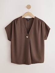 Chocolate Brown Short Sleeve Overhead V-Neck Blouse - Image 1 of 3