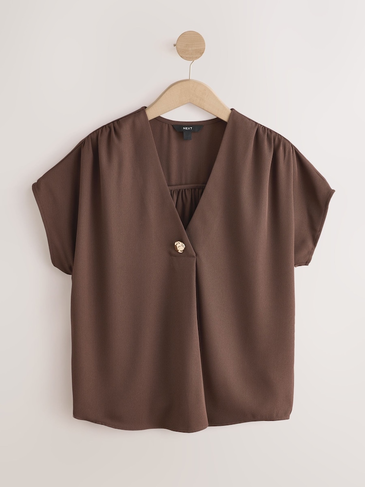Chocolate Brown Short Sleeve Overhead V-Neck Blouse - Image 1 of 3