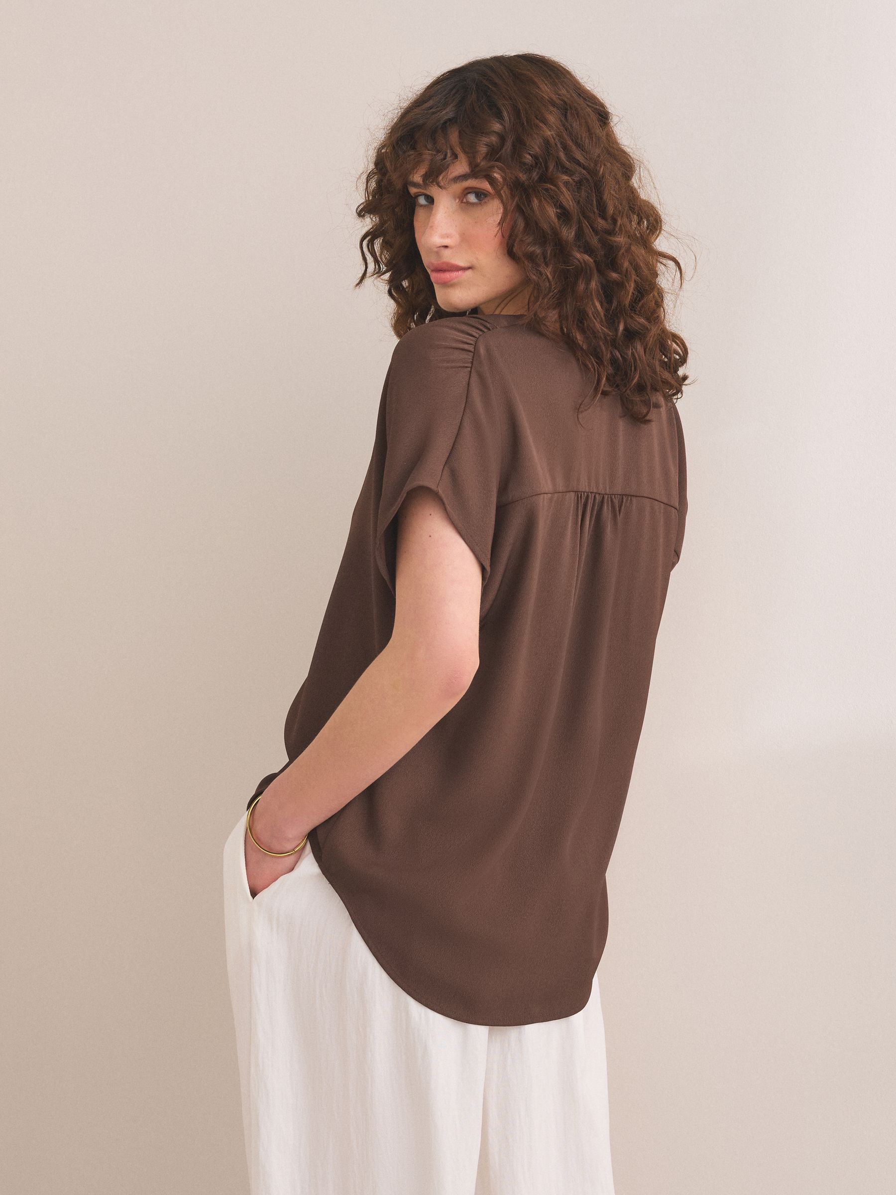 Buy Chocolate Brown Short Sleeve Overhead V-Neck Blouse from the
