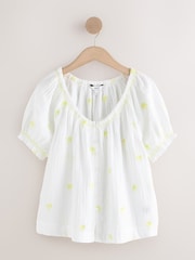 White Embroidered Yellow Palm Tree Puff Sleeve Bardot Top With Linen - Image 1 of 3