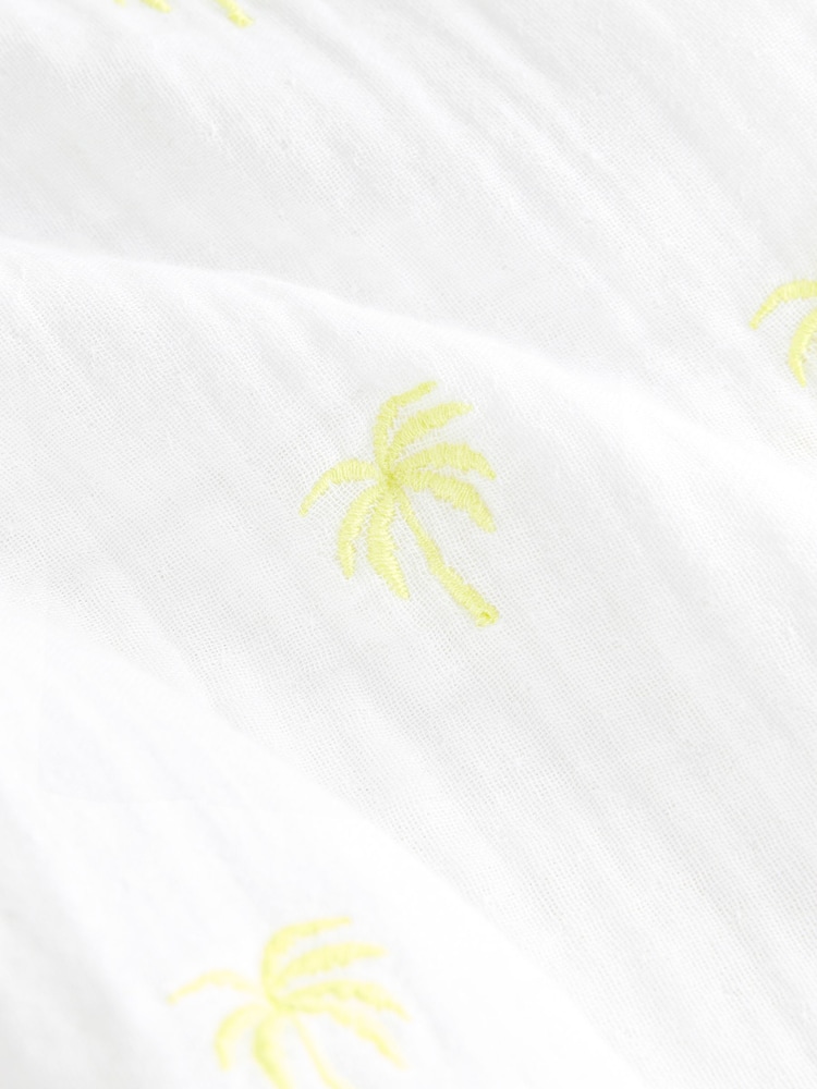 White Embroidered Yellow Palm Tree Puff Sleeve Bardot Top With Linen - Image 2 of 3