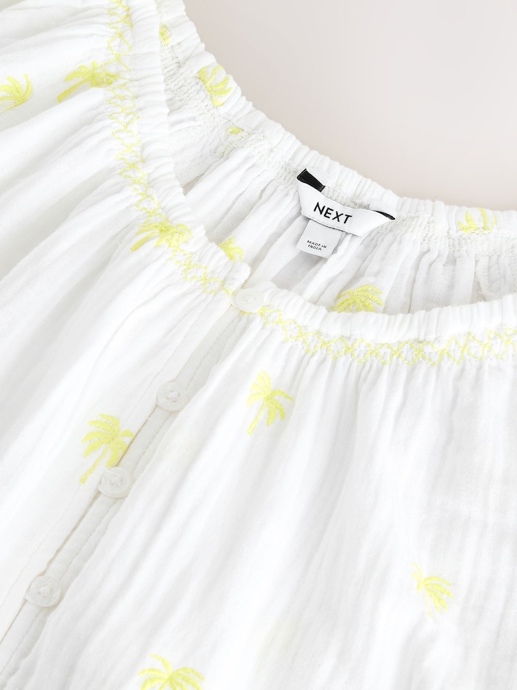 White Embroidered Yellow Palm Tree Puff Sleeve Bardot Top With Linen - Image 3 of 3