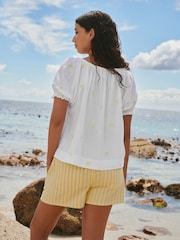 White Embroidered Yellow Palm Tree Puff Sleeve Bardot Top - Image 4 of 8