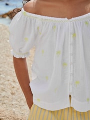 White Embroidered Yellow Palm Tree Puff Sleeve Bardot Top - Image 5 of 8