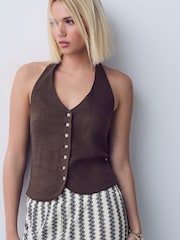 Chocolate Brown Halterneck Waistcoat with Linen - Image 1 of 3