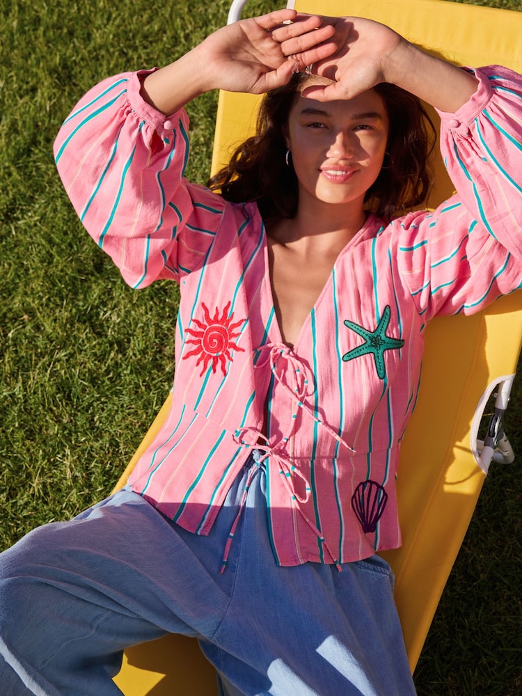 Pink Stripe Tie-Front Embroidered Blouse - Image 1 of 5 Pink Stripe Tie-Front Embroidered Blouse - Image 1 of 5