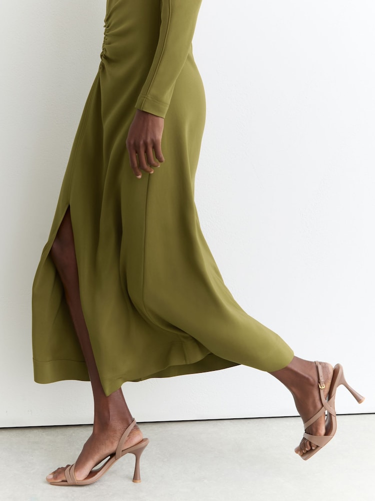 Reiss Adriana - Chartreuse Green Ruched Long-Sleeve Midi Dress, 12