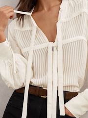 Reiss Ivory Josephine Tie-Detail Shadow-Stripe Blouse - Image 4 of 7
