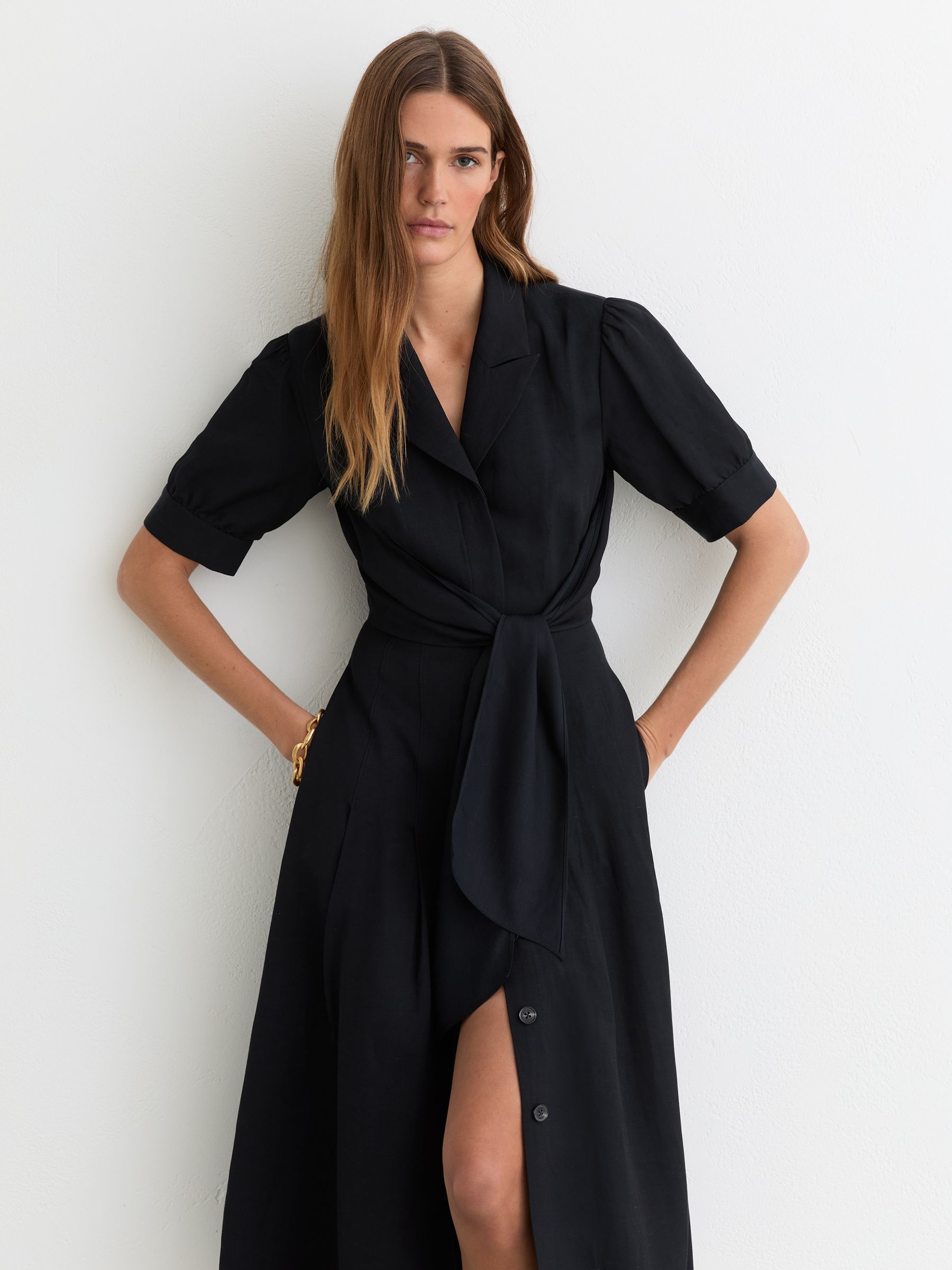 Buy Reiss Navy Tessera Short-Sleeve Belted Midi Dress with Linen