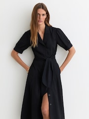 Reiss Tessera Short-Sleeve Belted Midi Dress with Linen - صورة 1 من 6