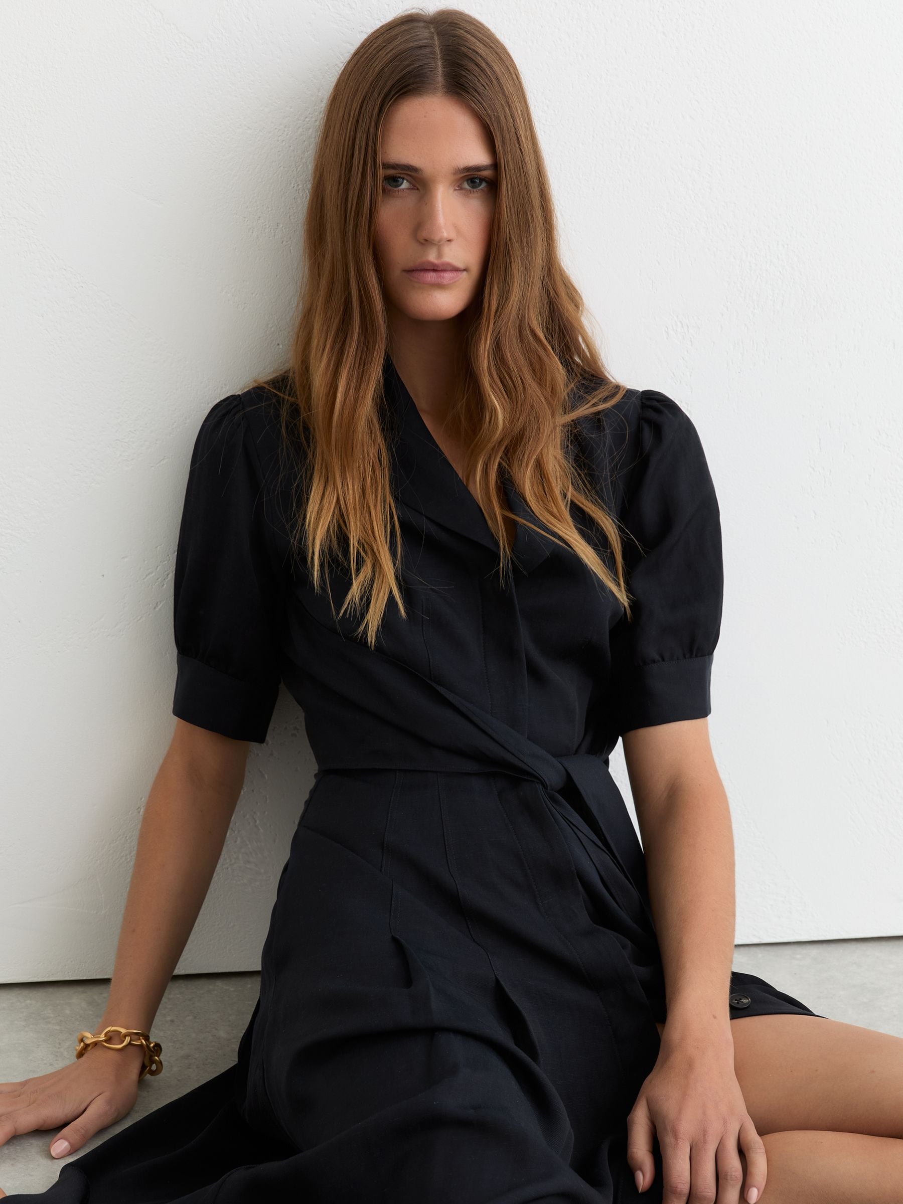 Buy Reiss Navy Tessera Short-Sleeve Belted Midi Dress with Linen