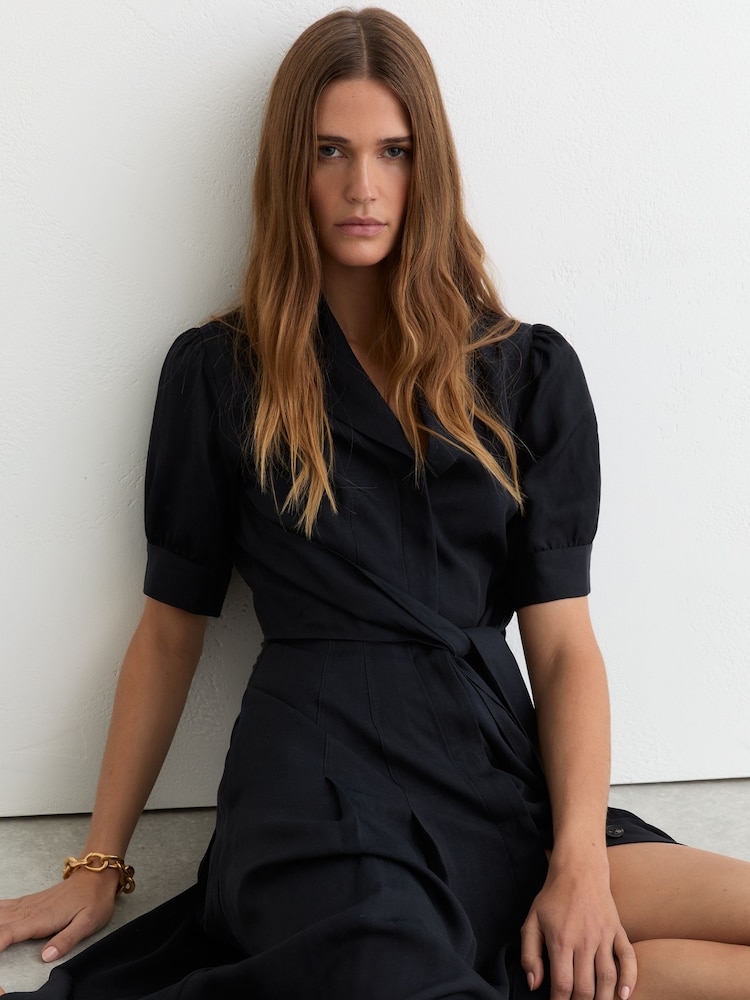 Reiss - Navy Short-sleeve Belted Midi Dress With Linen, 10