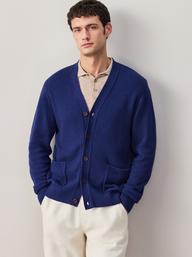 Navy Blue Relaxed Fit Linen Rich Cardigan - Image 1 of 5