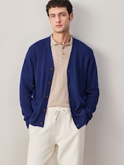 Navy Blue Relaxed Fit Linen Rich Cardigan - Image 3 of 5