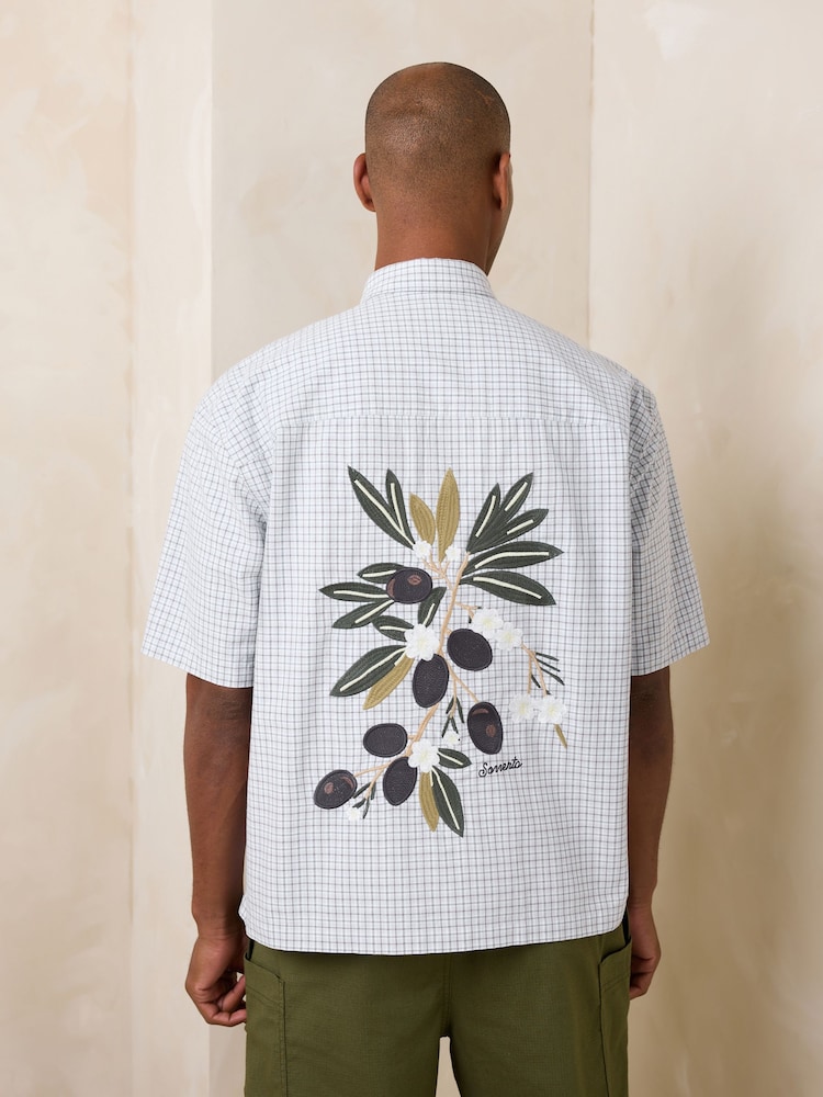 Синий - Embroidered Check Short Sleeve Shirt - Изображение 1 9