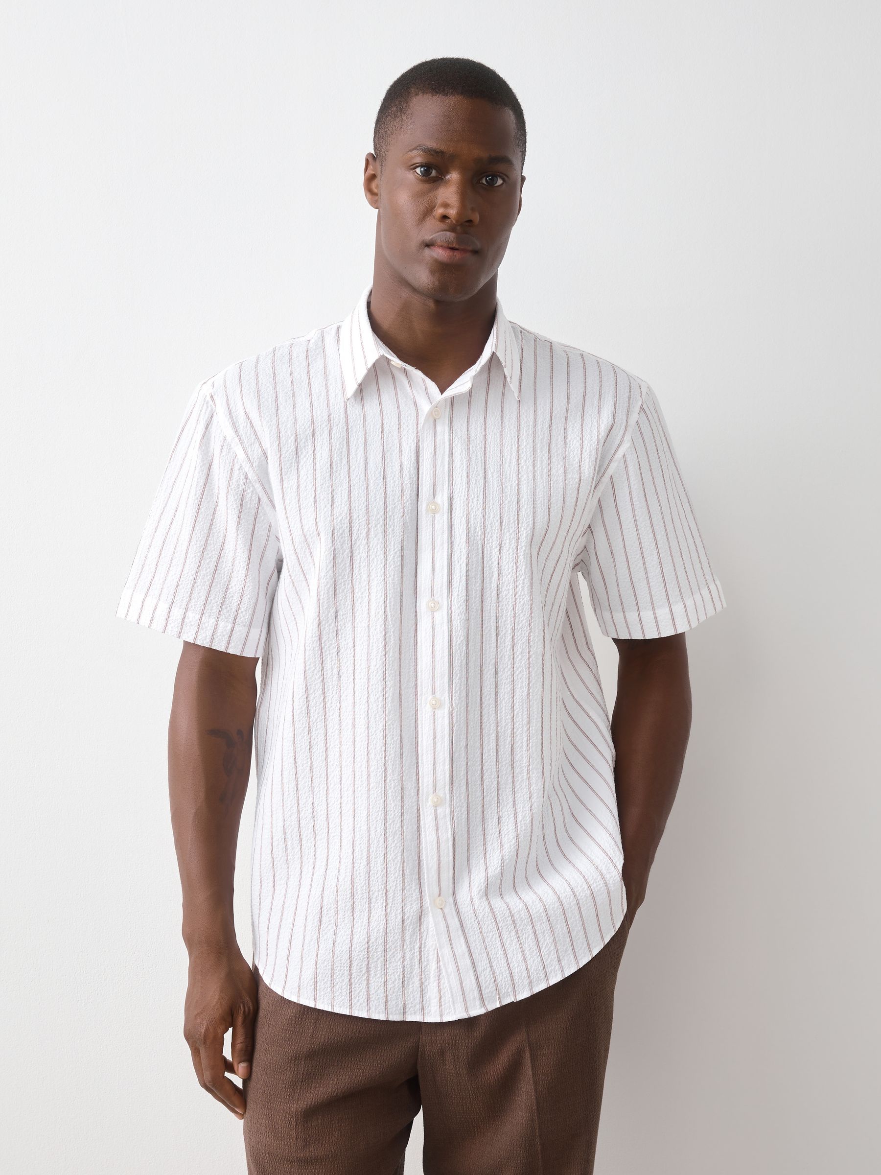 Buy Neutral Regular Fit Stripe Seersucker Short Sleeve Smart Shirt