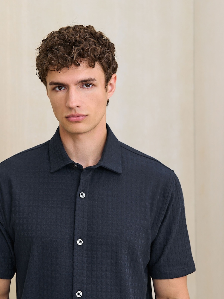 Navy Jersey Textured Short Sleeve Shirt - Image 1 of 7