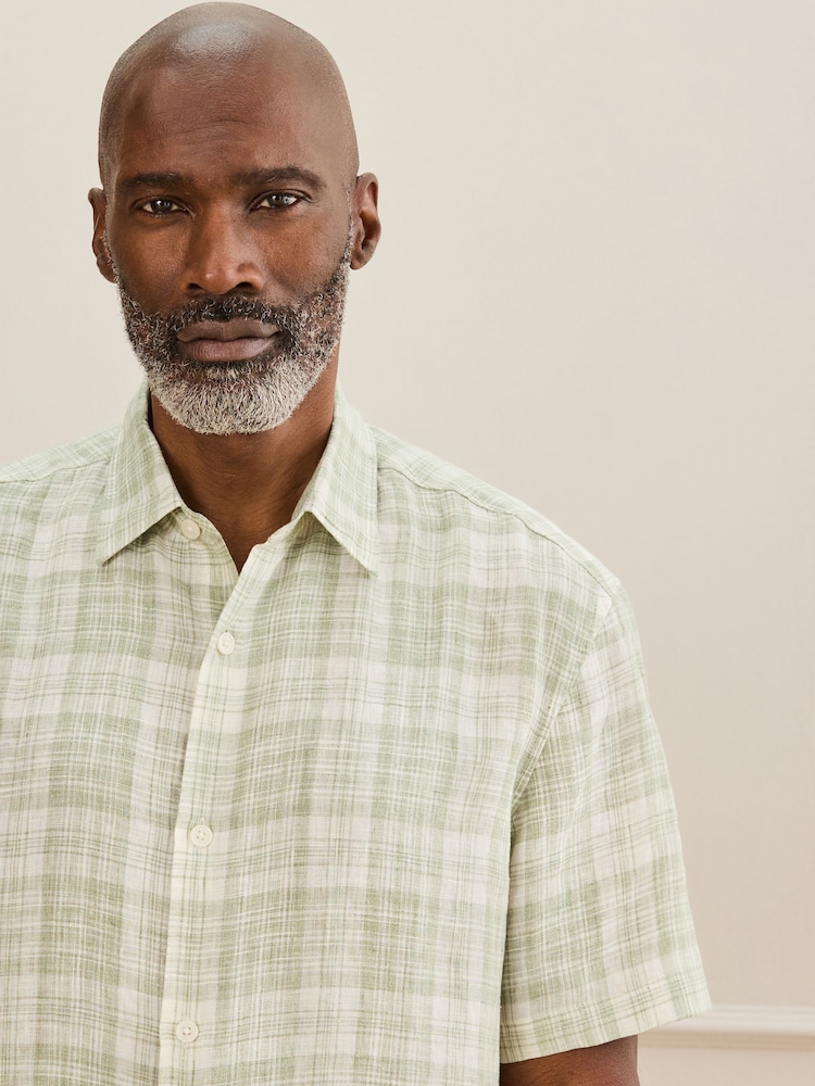 Green Check Short Sleeve Signature 100% Linen Shirt - Image 1 of 7