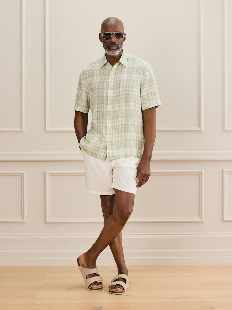 Green Check Short Sleeve Signature 100% Linen Shirt - Image 2 of 7
