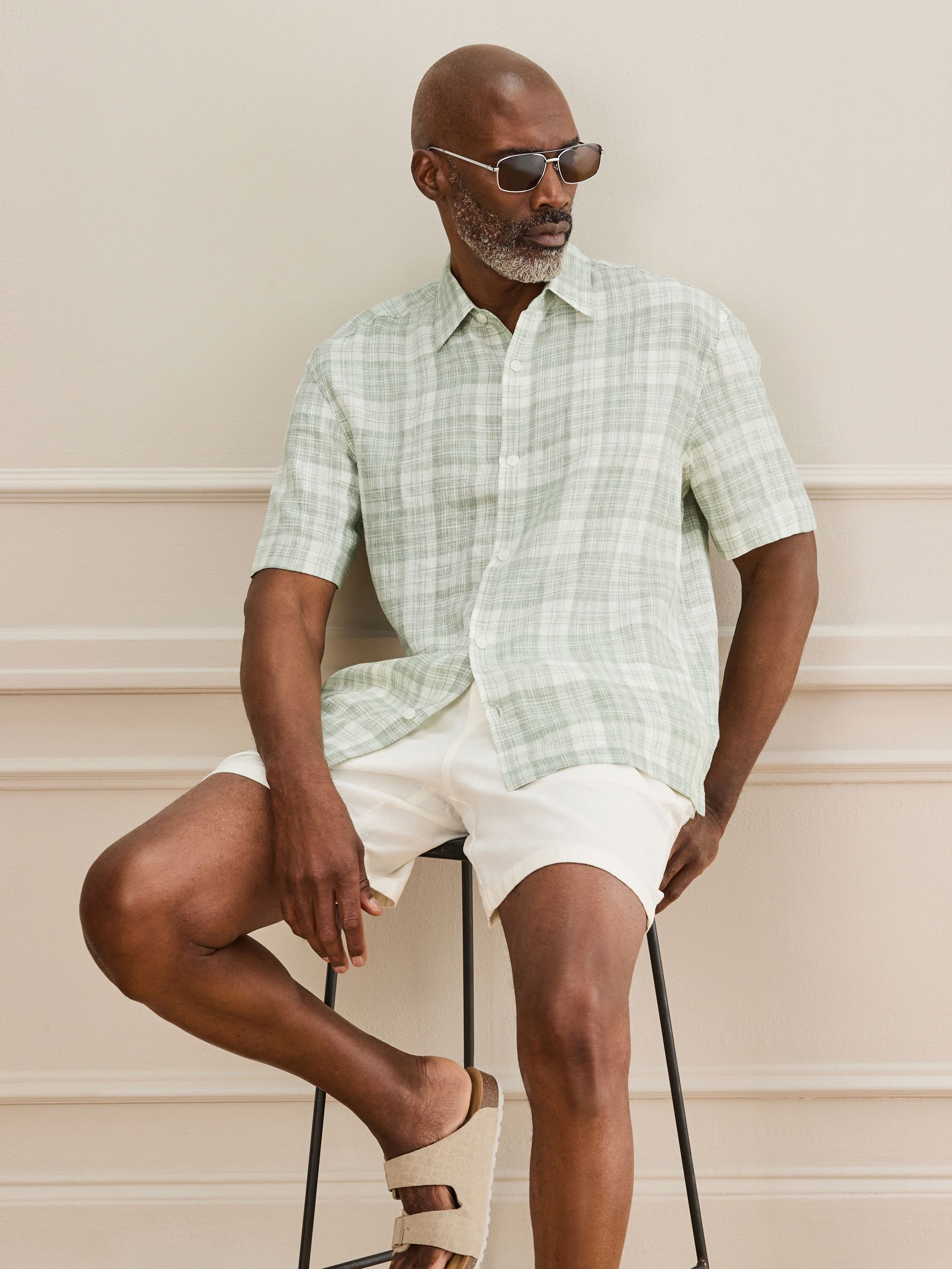 Buy Green Check Short Sleeve Signature 100% Linen Shirt from the