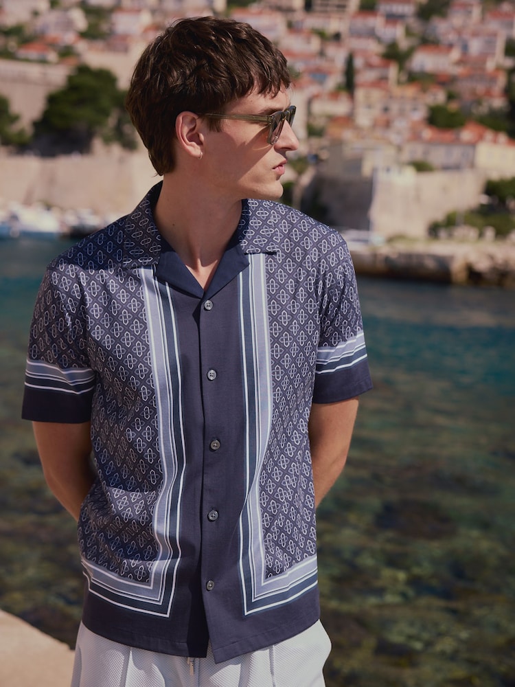 Navy Jersey Geometric Print Shirt - Image 1 of 5 Navy Jersey Geometric Print Shirt - Image 1 of 5